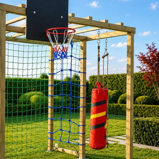 Basketballkorb mit Brett und roter Boxsack im Klettergerüst Hüsten