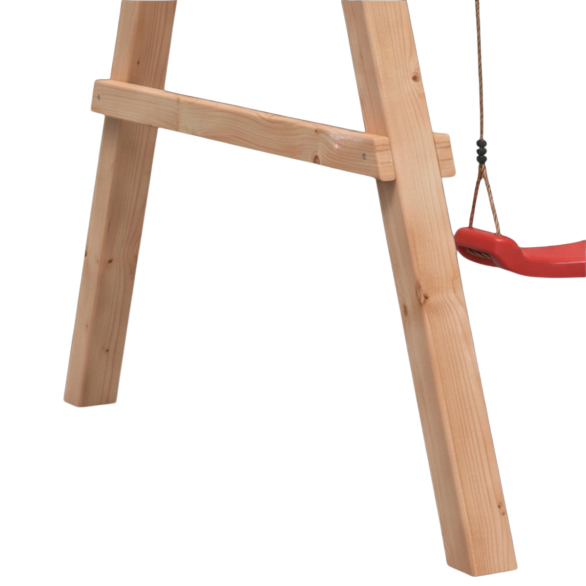 Detail der Querstrebe am Schaukelgestell mit rotem Schaukelsitz