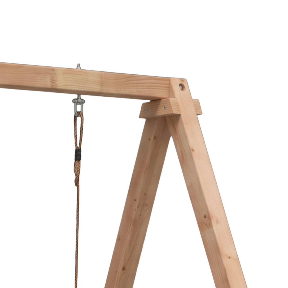 Seilaufhängung am Querbalken und Pfostenverbindung der Holzschaukel