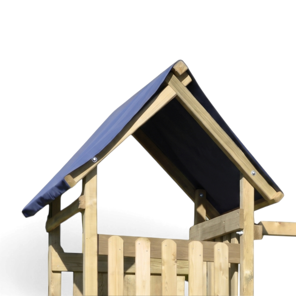 Satteldach mit blauer Plane und Geländer am Spielturm Grafschaft, Detail