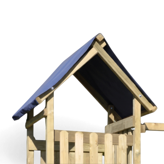 Satteldach mit blauer Plane und Geländer am Spielturm Grafschaft, Detail
