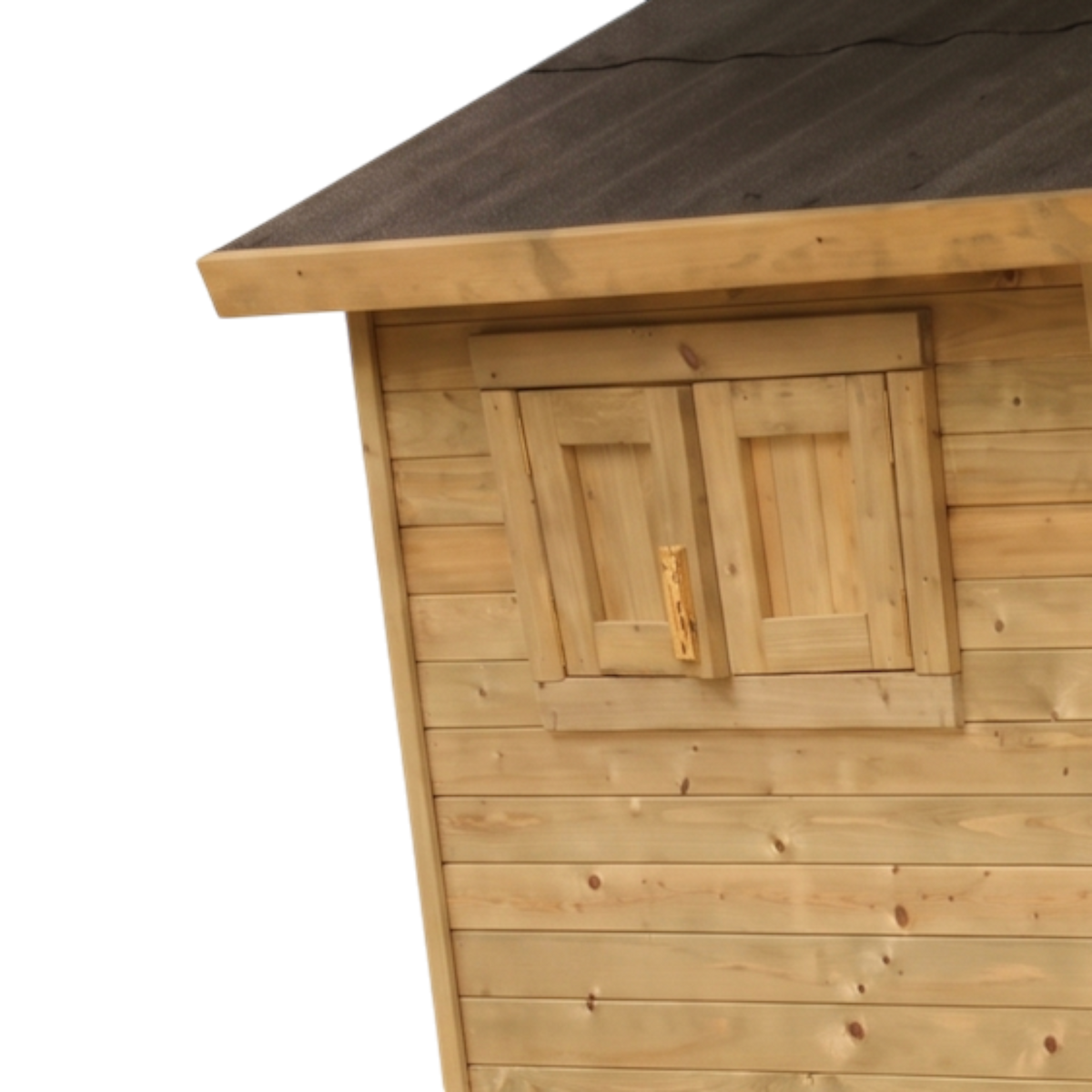 Holzwand mit Fensterläden und Dach am Spielhaus Neuastenberg, Detail