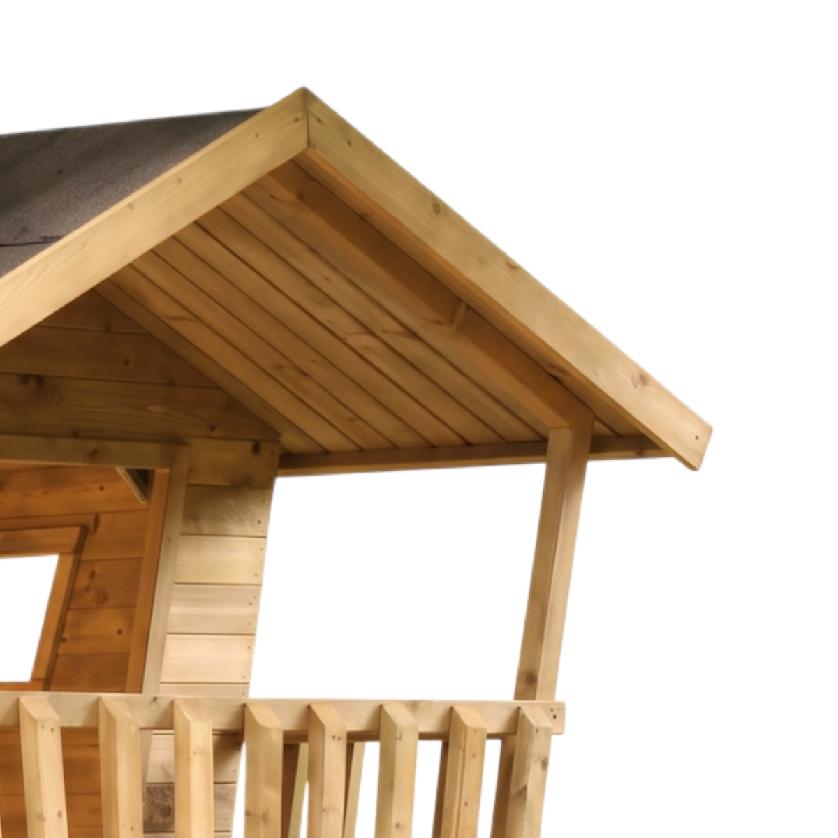 Überdachter Balkon mit Geländer am Spielturm Neuastenberg, Nahaufnahme