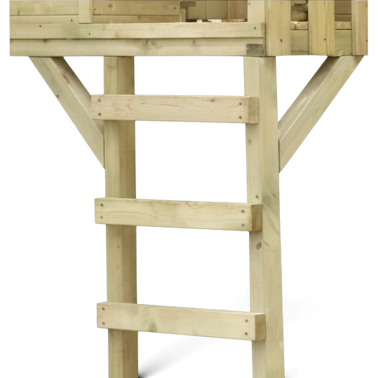 Holzleiter mit Sprossen unter dem Podest des Stelzenhauses im Detail
