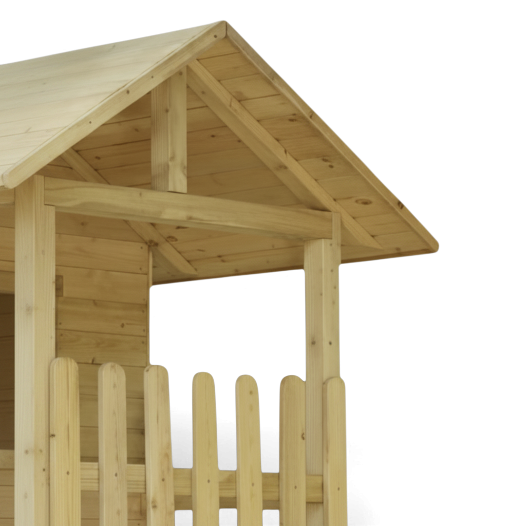 Satteldach und Lattengeländer der Veranda des Spielhauses in Nahaufnahme