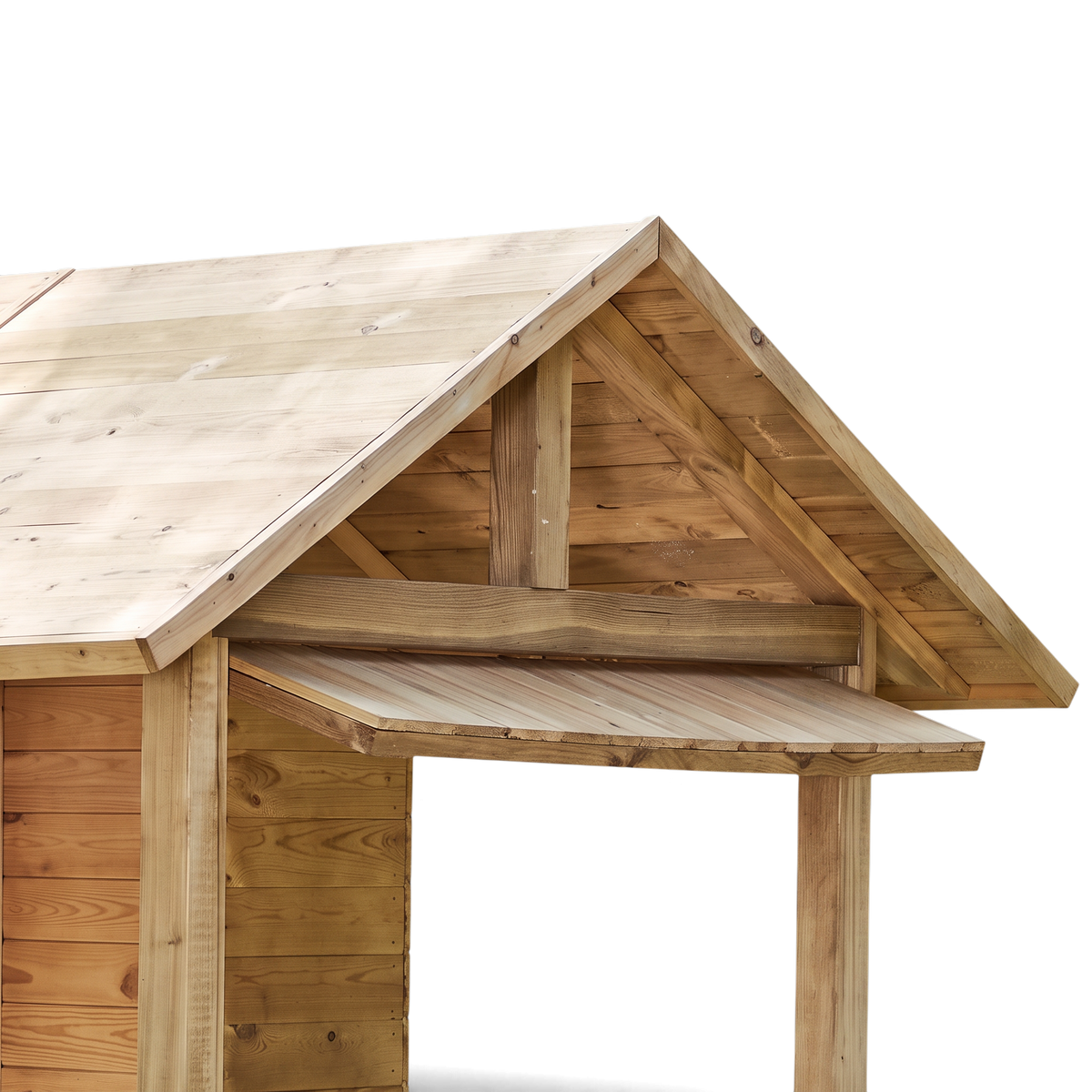 Giebel mit Dachüberstand und Theke am Holz Spielhaus in Nahaufnahme