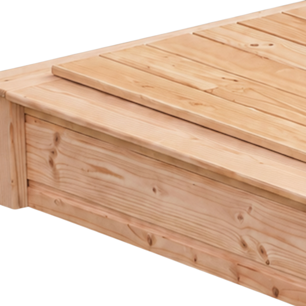 Holzabdeckung und Seitenwand des Sandkastens Westfeld an der Ecke im Detail