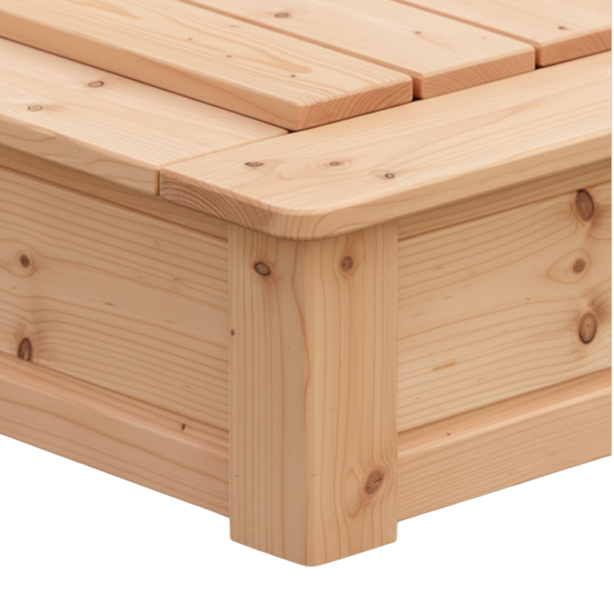 Eckpfosten mit Sitzrand und aufgelegtem Deckel am Holz Sandkasten Westfeld