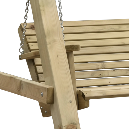 Armlehne und Rückenlehne der Schaukelbank am Gestellpfosten im Detail