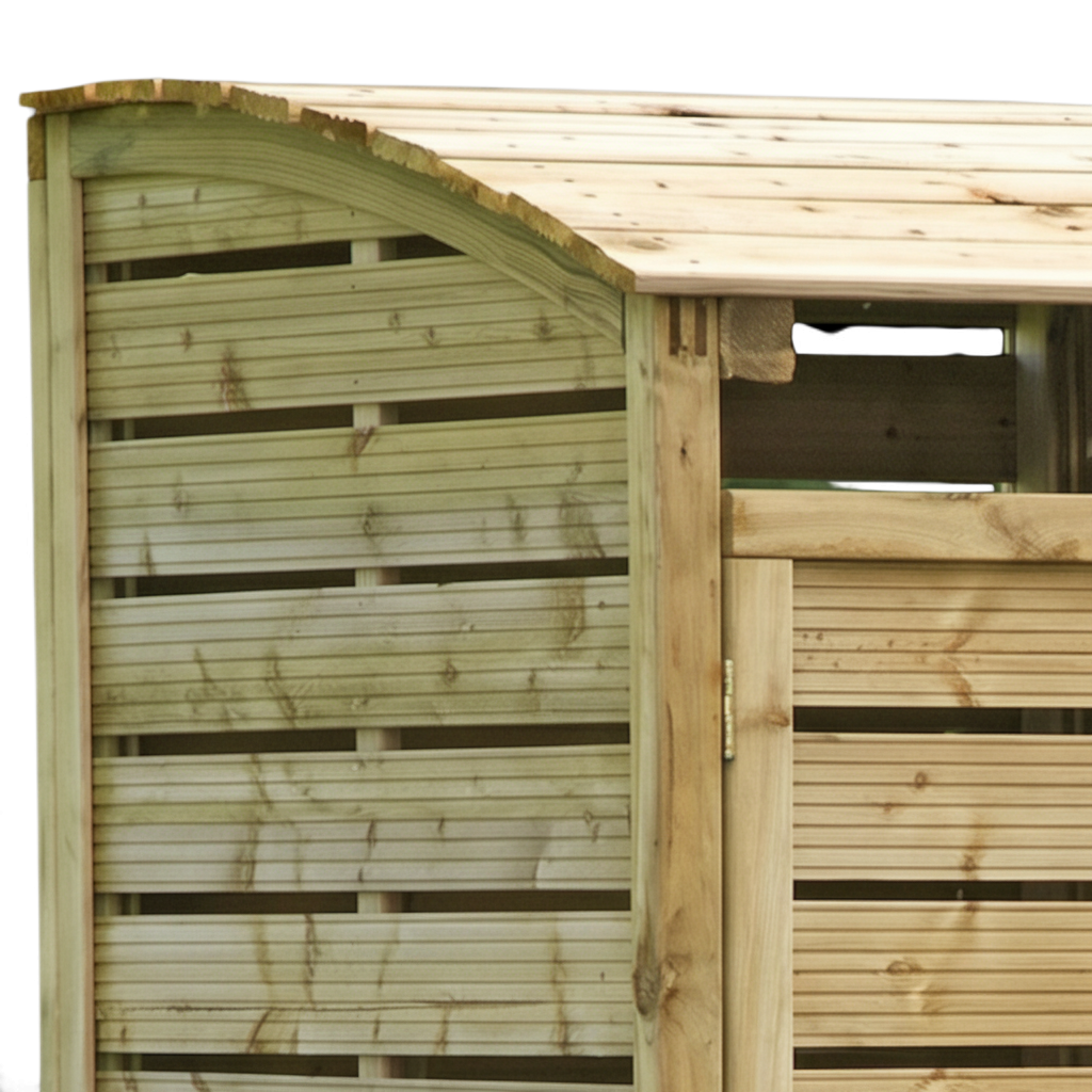 Detail des gewölbten Deckels an der Holz Mülltonnenbox Volme