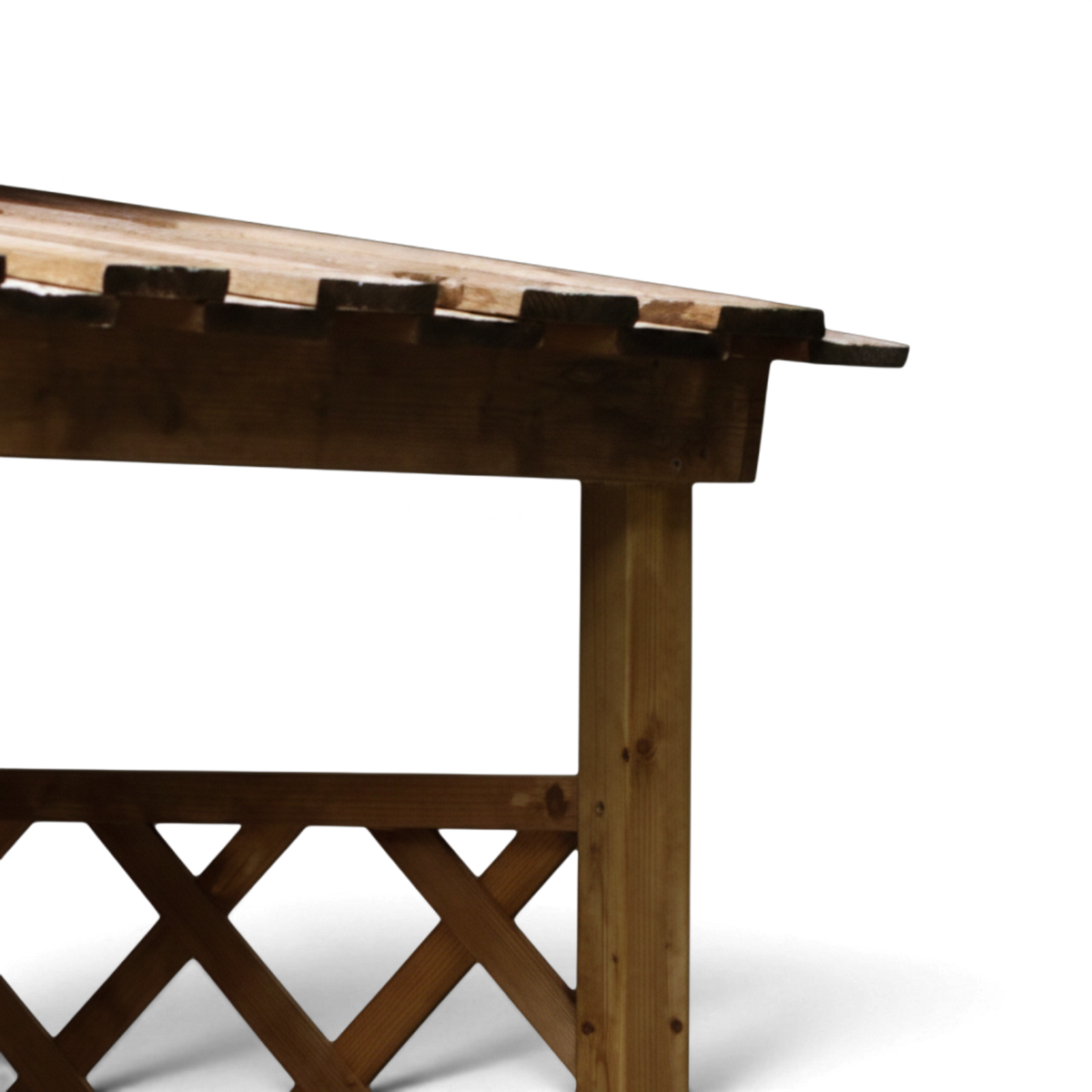 Pultdach mit Dachüberstand und Gitterseite des Kaminholzregals im Detail