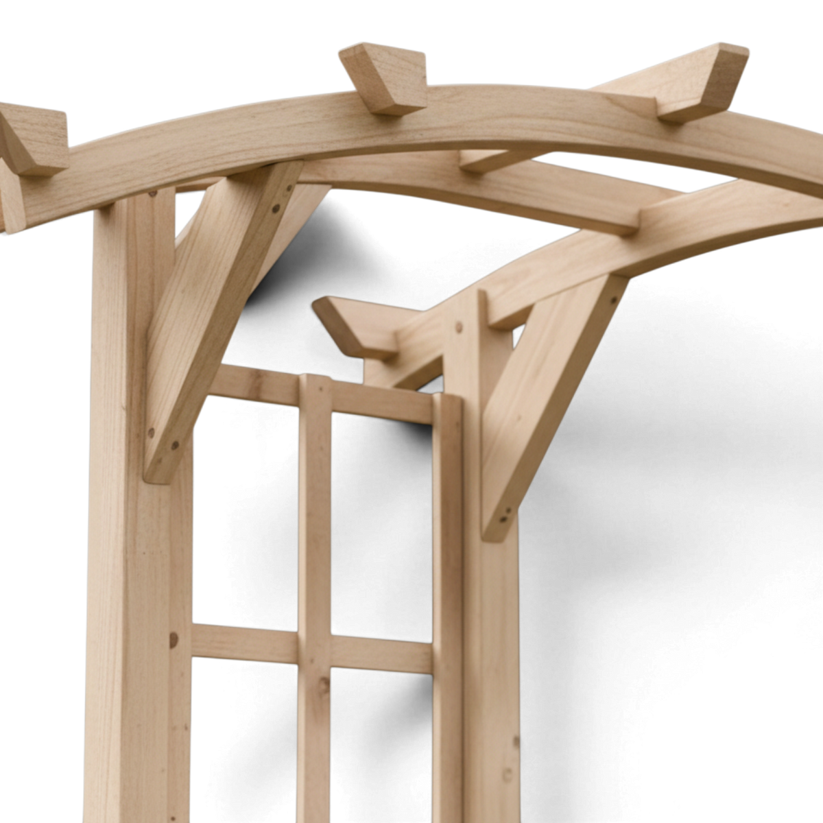 Geschwungener Dachbogen mit Kopfbändern und Gitter der Pergola Elspe von unten