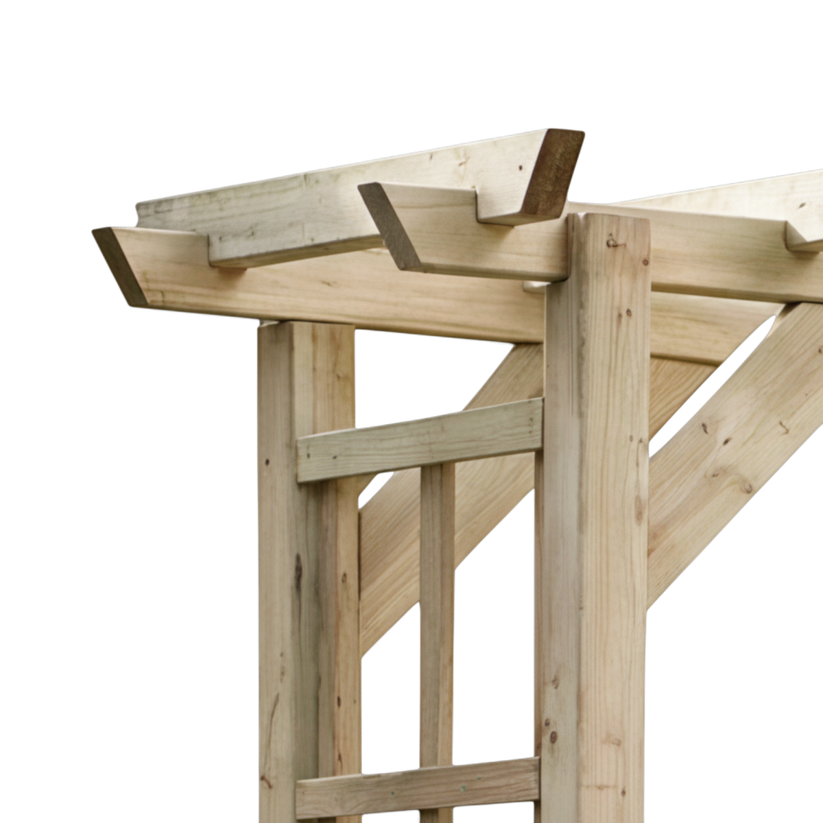 Detail der überstehenden Dachbalken mit Kopfband an der Pergola Marpe