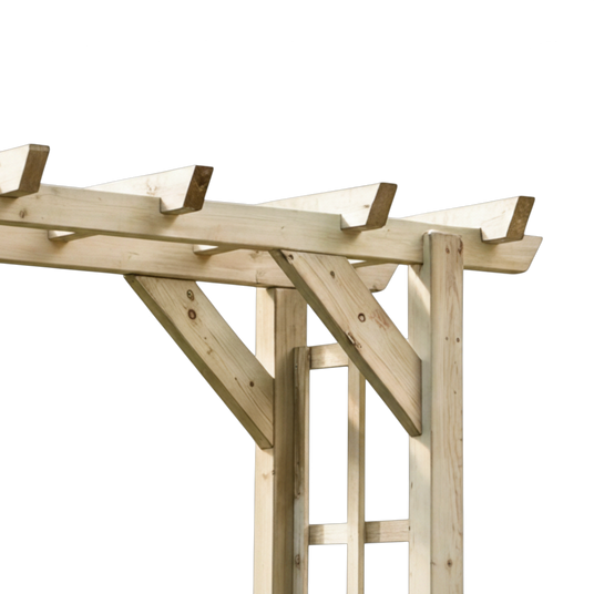 Dachkonstruktion der Holz Pergola Marpe mit Querbalken und Kopfbändern schräg von unten