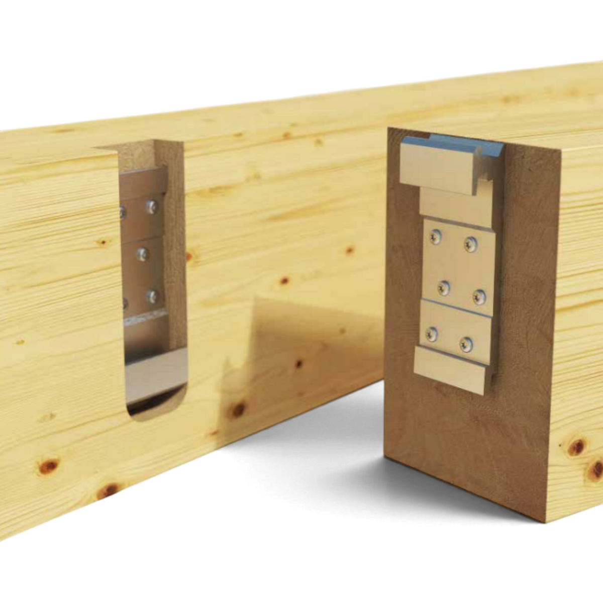 Einbau des CLIK Verbinders in eingefräste Aussparungen von Holzbalken, Darstellung