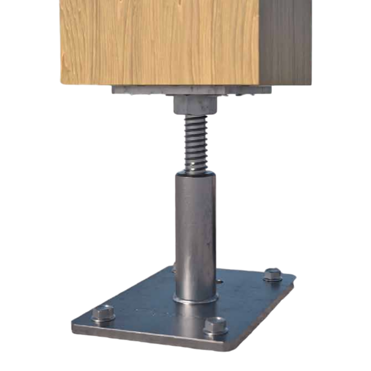 Höhenverstellbarer Pfostenträger unter einem Holzpfosten mit Gewinde zum Ausgleich von Unebenheiten