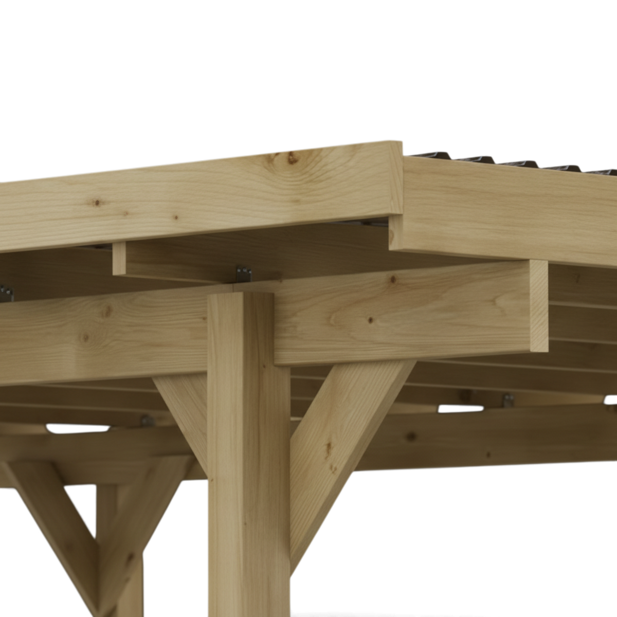 Dachecke mit Sparren, Pfette und Kopfbändern am kesseldruckimprägnierten Carport