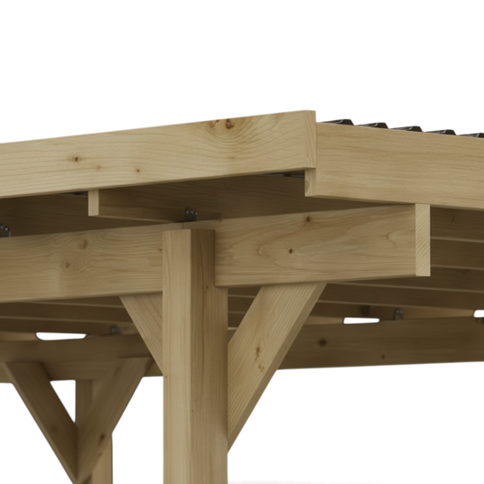 Dachecke mit Sparren, Pfette und Kopfbändern am kesseldruckimprägnierten Carport