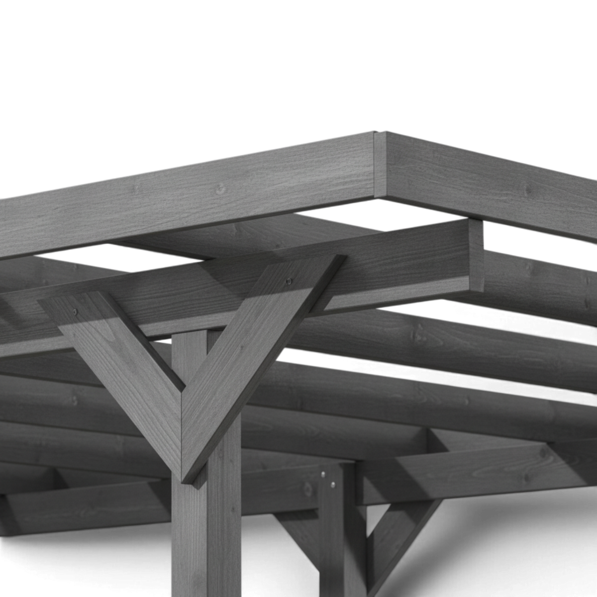 Untersicht auf Pfette, Dachbalken und Kopfbänder des grau lasierten Carports