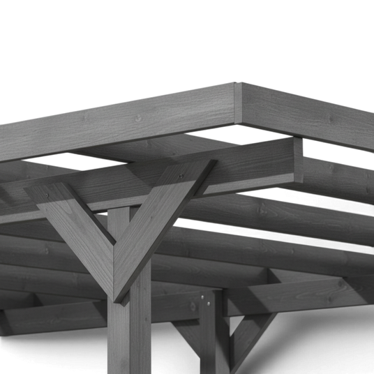 Untersicht auf Pfette, Dachbalken und Kopfbänder des grau lasierten Carports