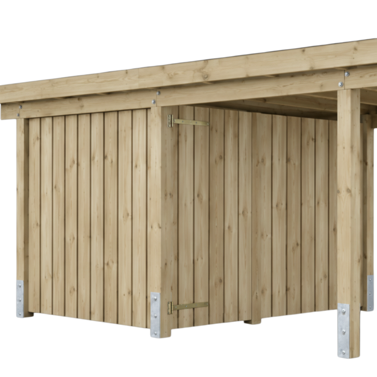 Holz Carport mit Seitenwand aus senkrechten Brettern und Pfostenankern, Freisteller