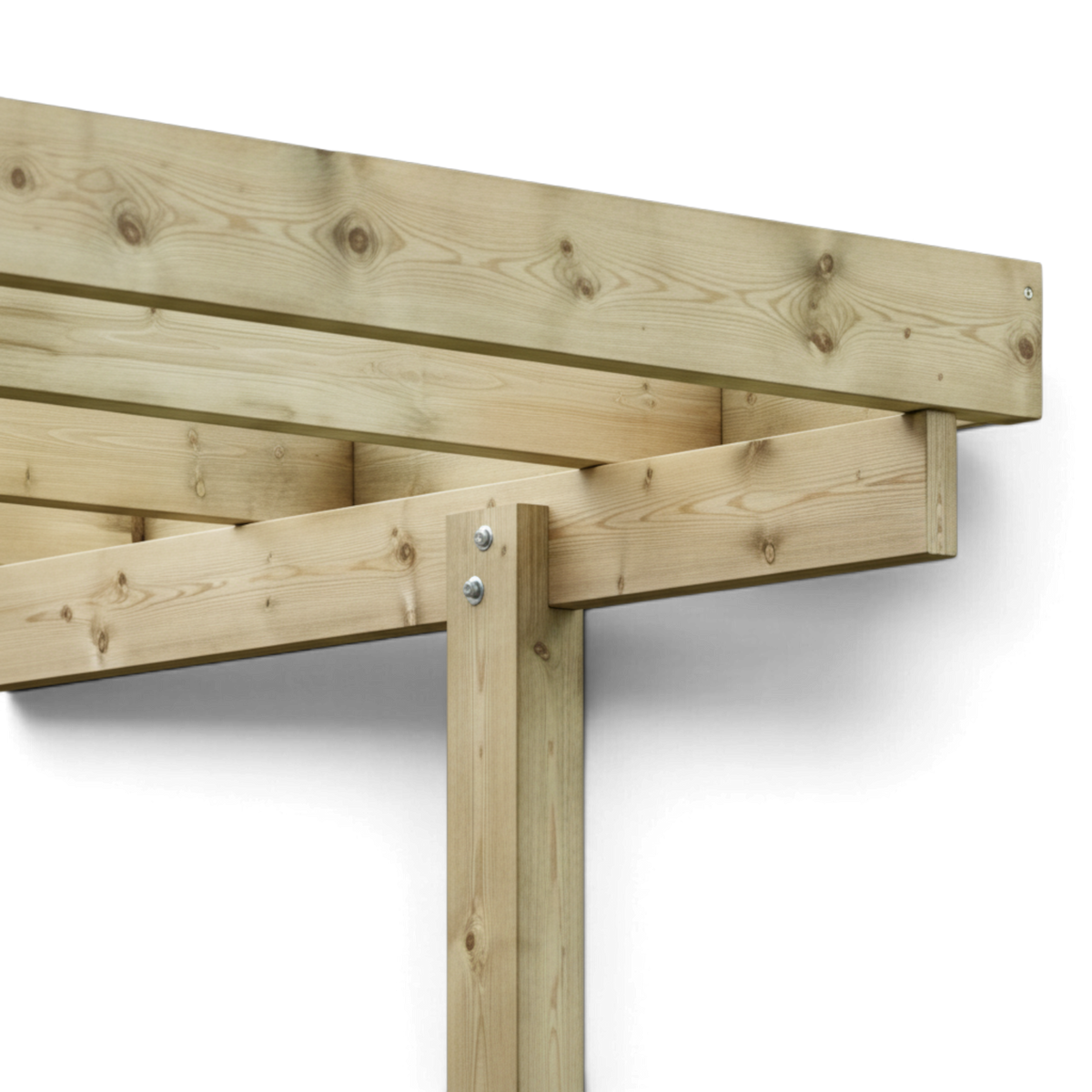 Detail der Pfettenverbindung mit Schraubbolzen am Pfosten des Doppelcarports