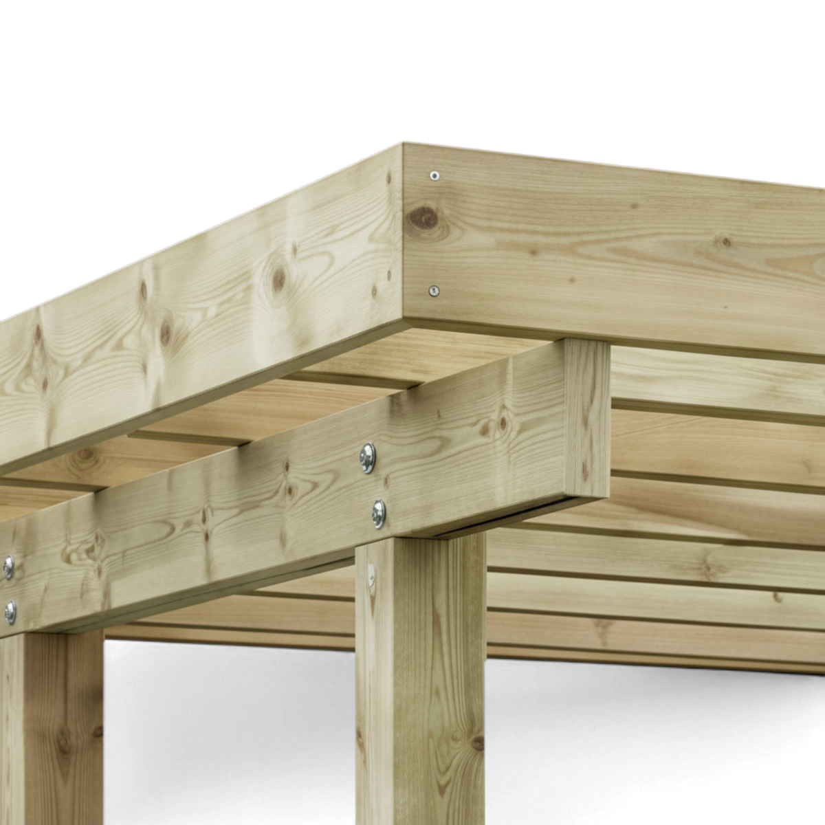 Eckverbindung von Pfette, Dachsparren und Pfosten des Carports im Detail