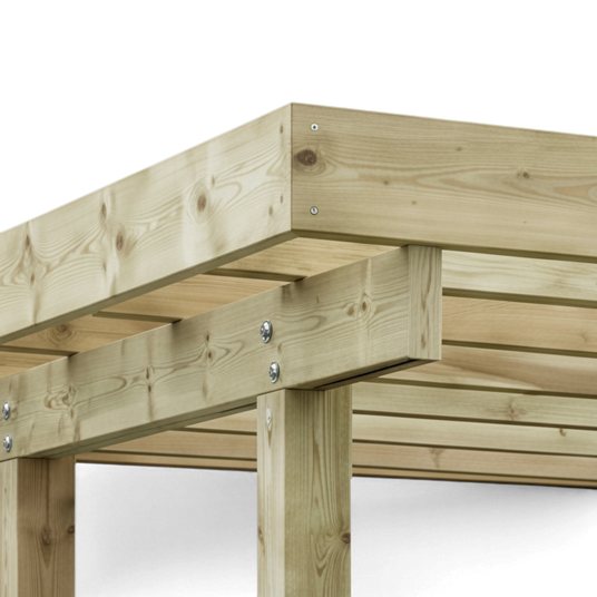 Eckverbindung von Pfette, Dachsparren und Pfosten des Carports im Detail