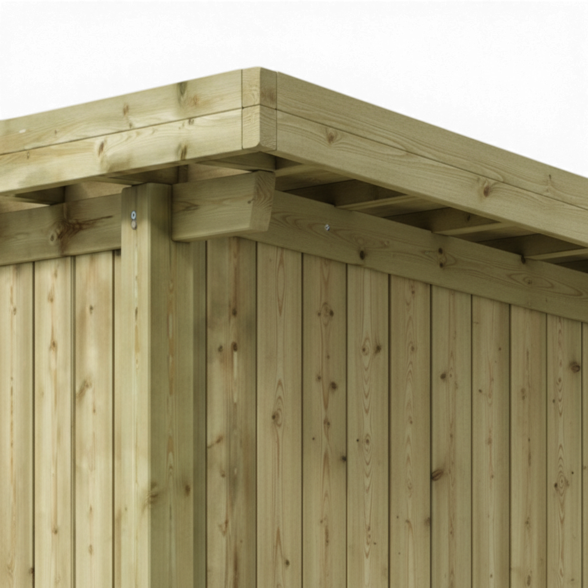 Dachecke mit Sparren über der senkrechten Holzverschalung des Abstellraums