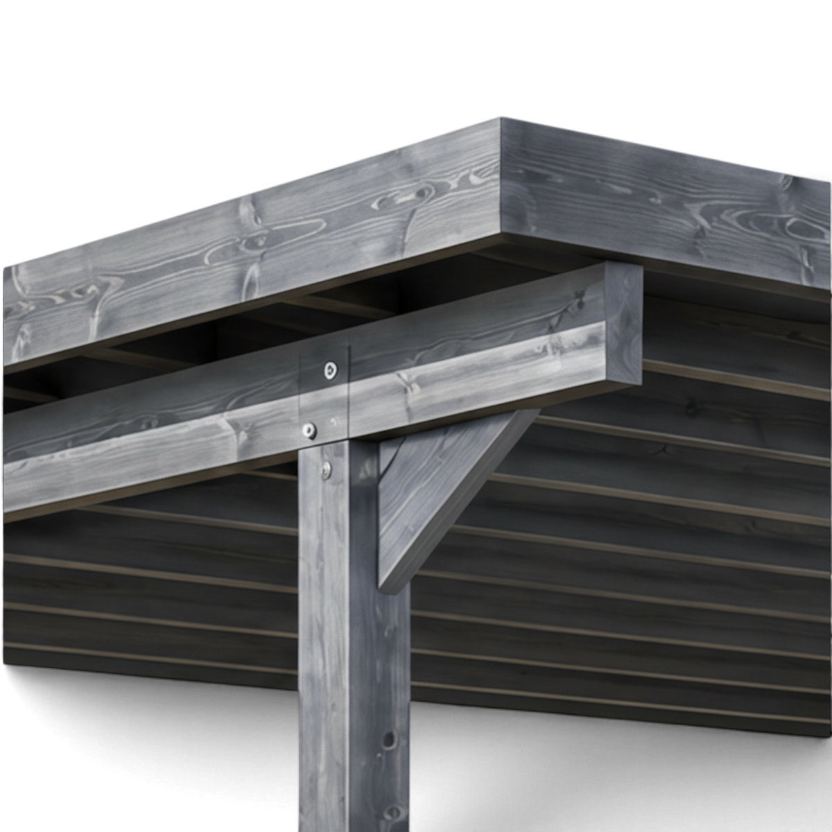 Detail der Pfette mit Kopfband und Dachkante am lasierten Doppelcarport