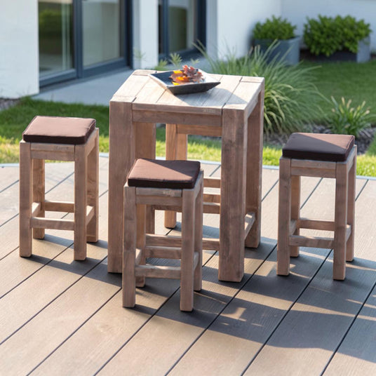 Stehtisch Stockmetal mit drei Stehtischhockern und Sitzkissen auf der Terrasse