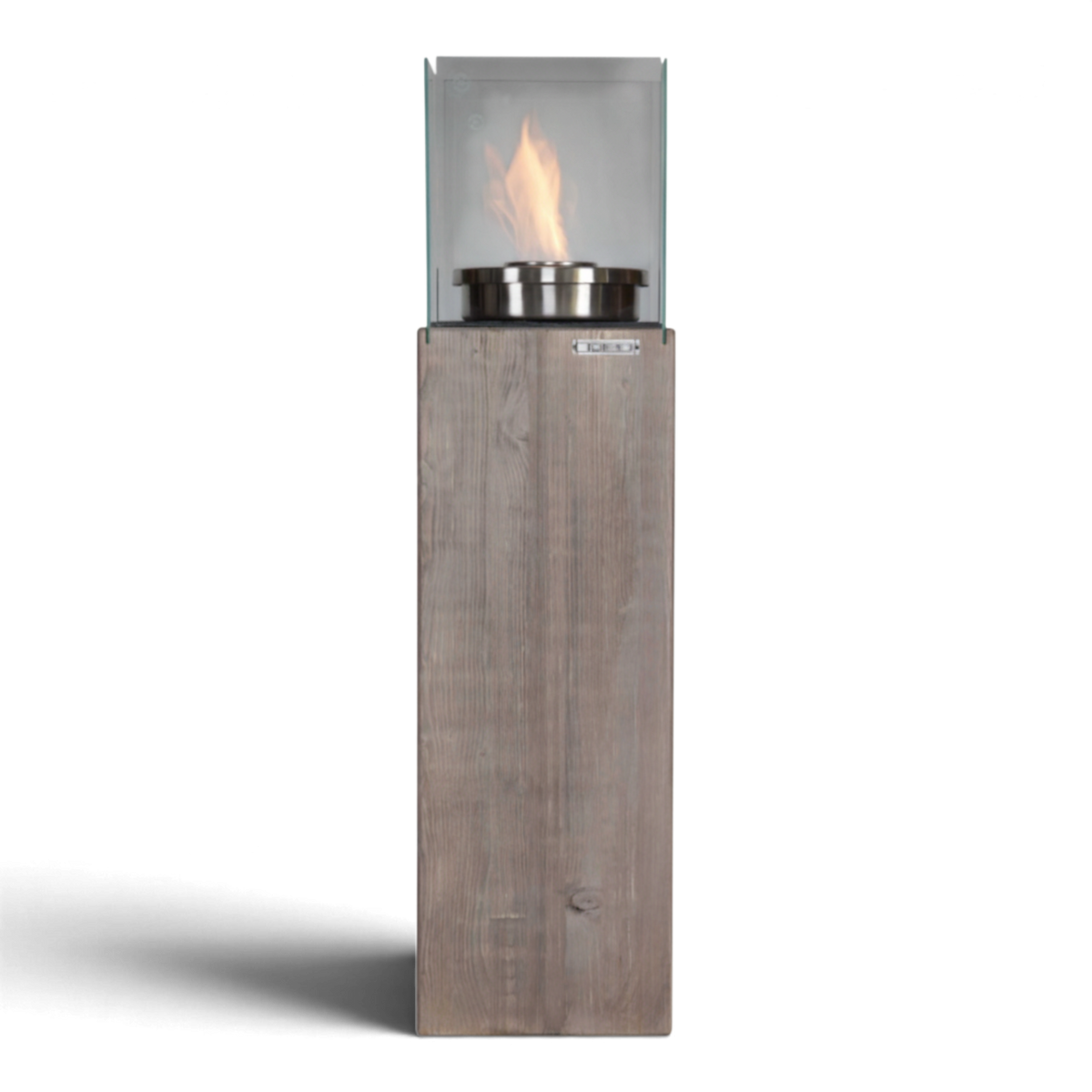 Säulenfeuer Scharfenberg schmal von der Seite mit Flamme hinter Glas, Freisteller
