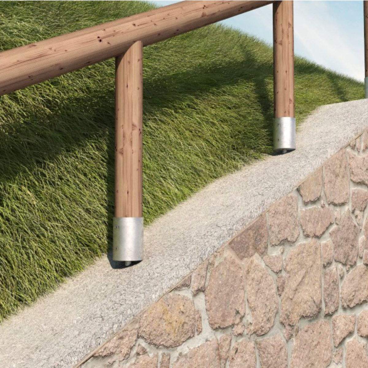 Runde Pfostenträger mit Rundholzpfosten eines Holzgeländers auf einer Natursteinmauer