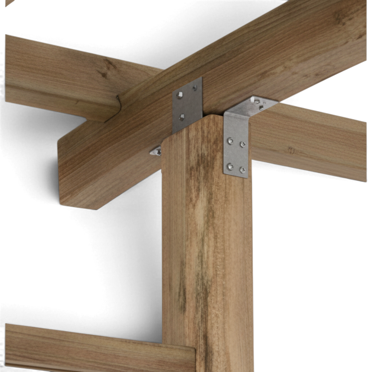 Detail der Eckverbindung mit Metallwinkel zwischen Pfosten und Querbalken der Pergola