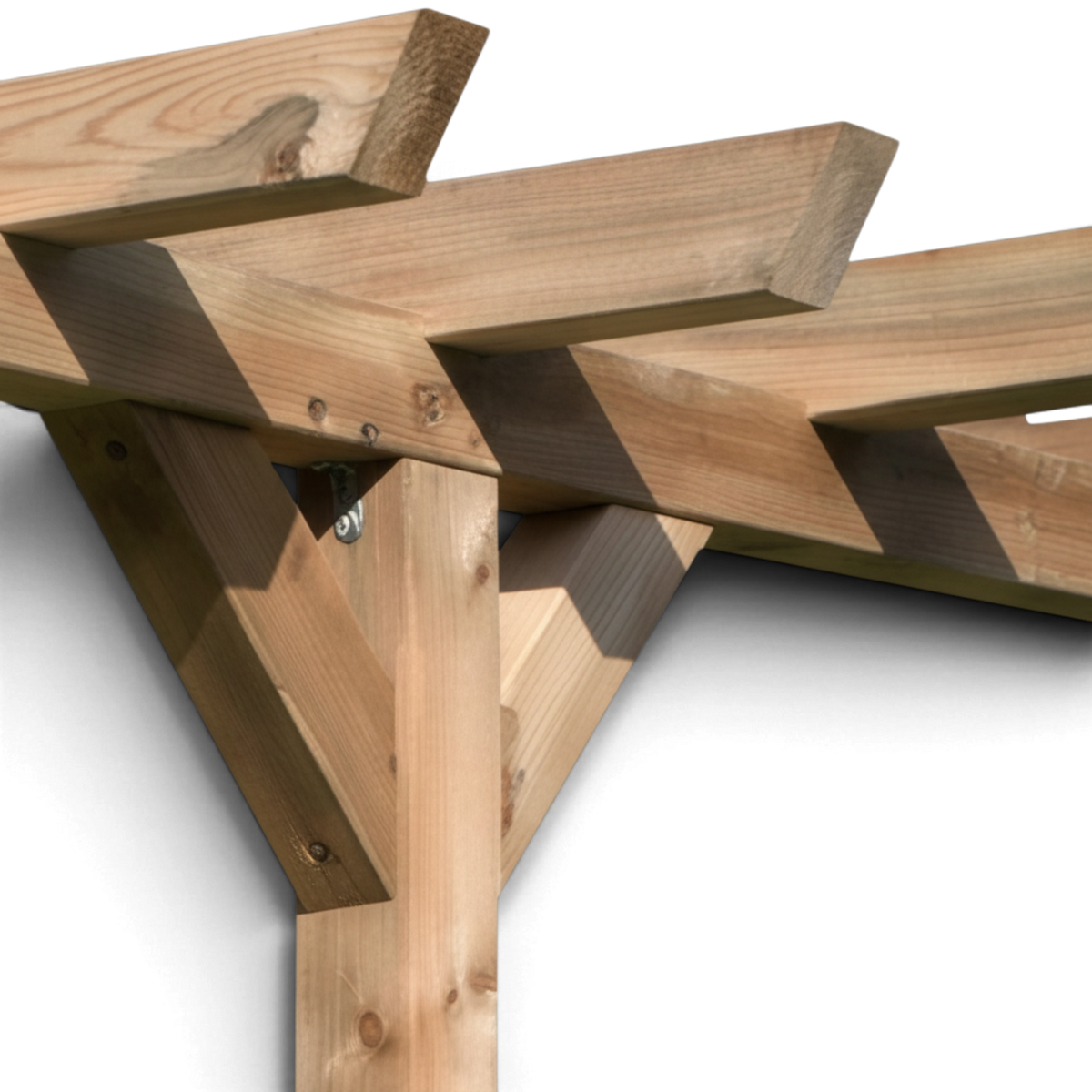 Eckverbindung mit Kopfbändern und überstehenden Balken an der Holz Pergola Latrop