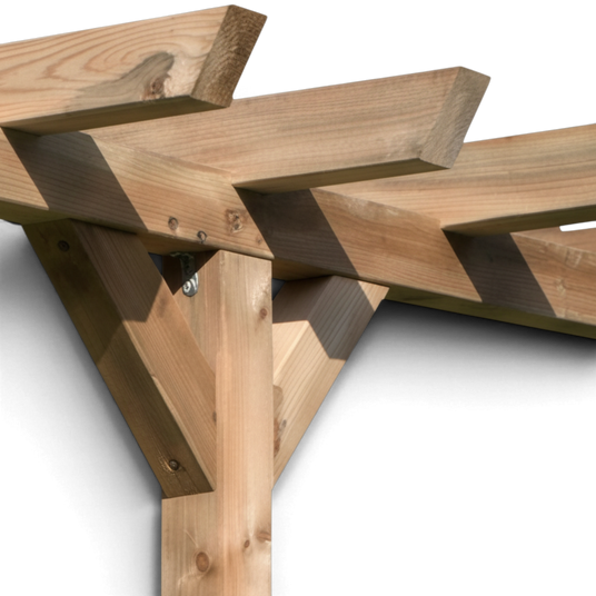 Eckverbindung mit Kopfbändern und überstehenden Balken an der Holz Pergola Latrop