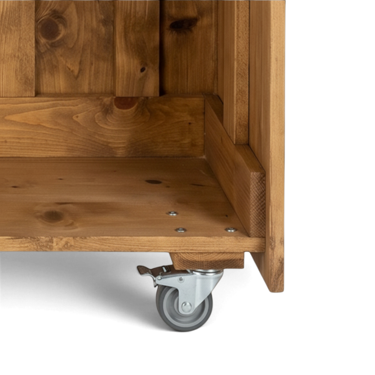 Rückseite der Holz Theke mit Innenfach und Lenkrolle im Detail