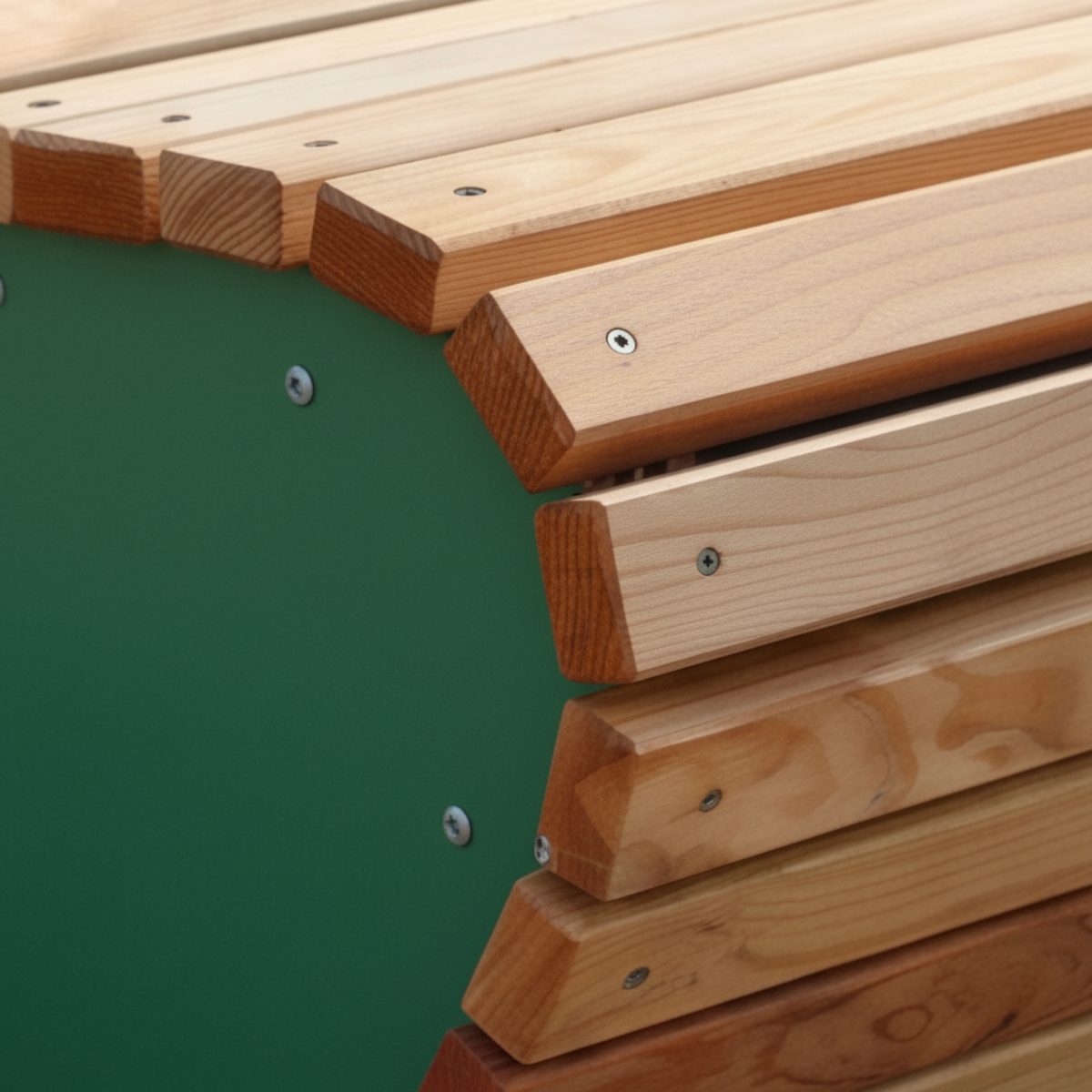 Grüne Seitenwange mit verschraubten Holzlatten der Designbank im Detail
