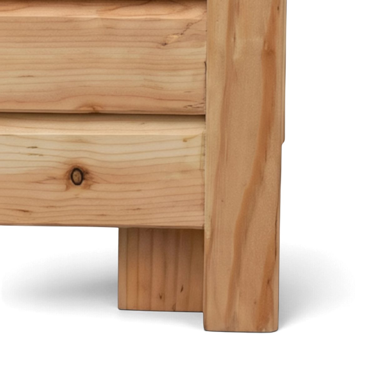 Fuß und Eckpfosten des Holz Pflanzkübels von der Seite, Detail