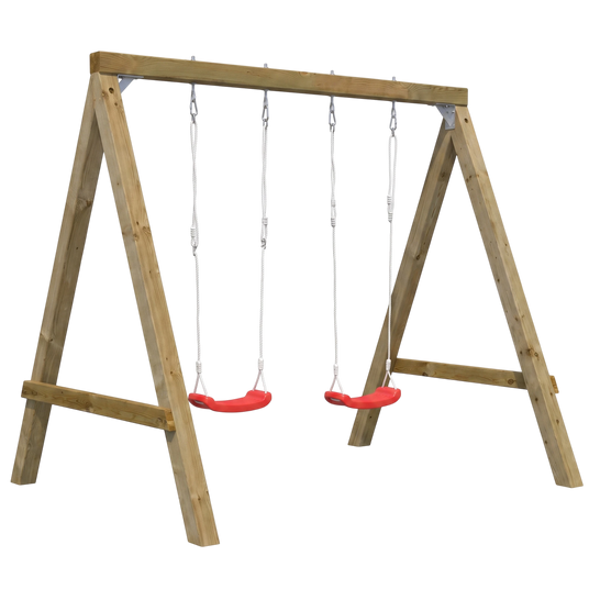 gartenhulz.com Doppelschaukel „Marsberg“ mit kesseldruckimprägniertem Holzgestell und zwei roten Kunststoffsitzen für den Spielspaß im Garten.