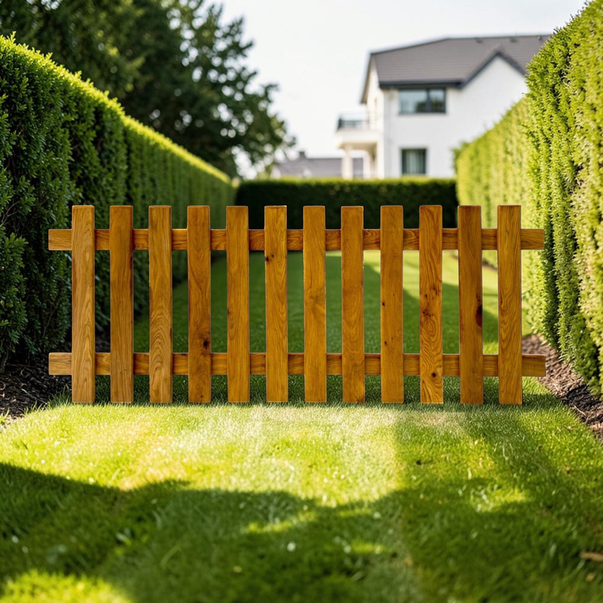 Eichen Gartenzaun Hennezaun als Grundstücksgrenze auf dem Rasen zwischen Hecken