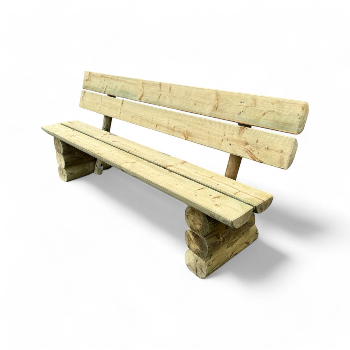 Gartenbank Holzbank Lennetal aus massivem Nadelholz mit halbrunden Lehnenbohlen und Rundholzfüßen, Freisteller