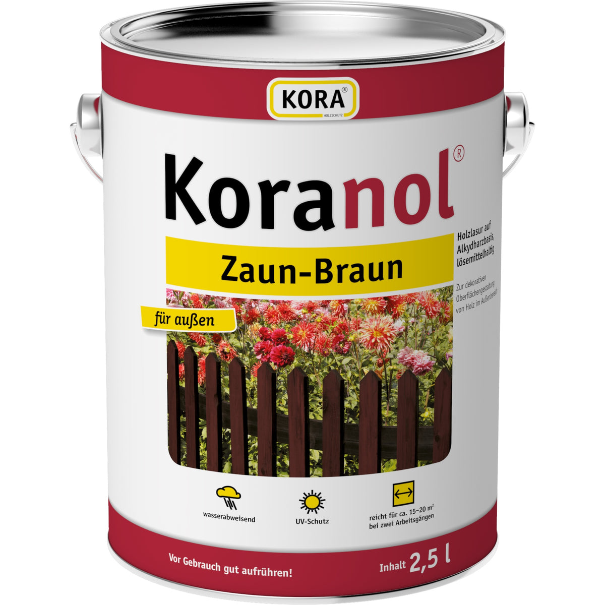 Koranol Zaun Braun Holzlasur im 2,5 l Eimer mit Holzzaunmotiv, Freisteller