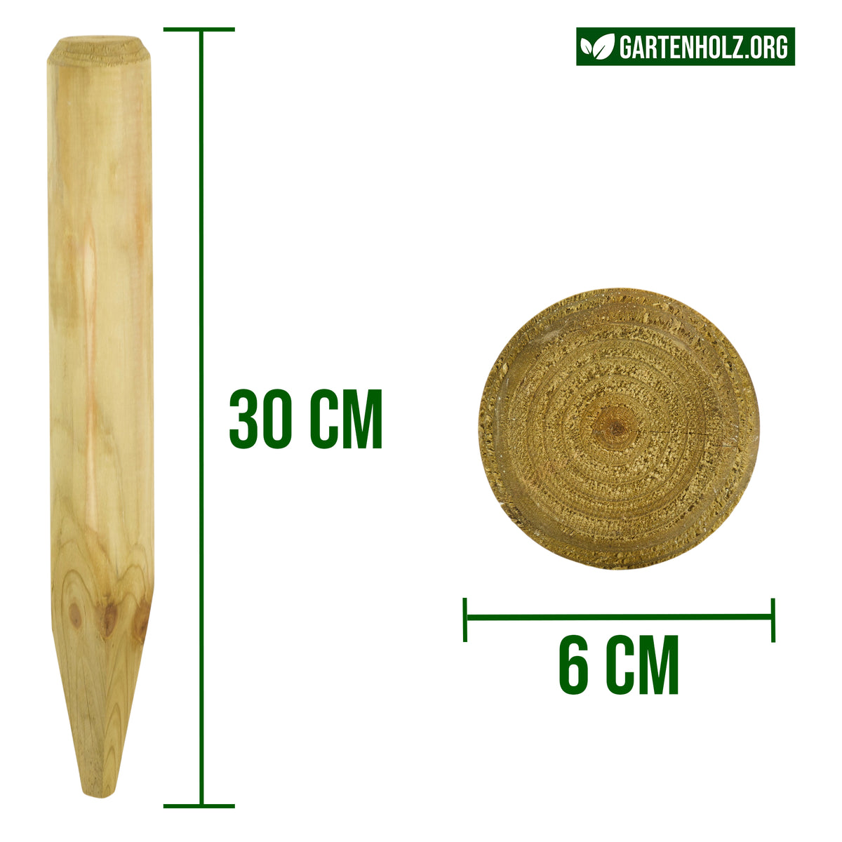 Infografik Minipalisade gespitzt mit Maßen 30 cm Länge und 6 cm Durchmesser