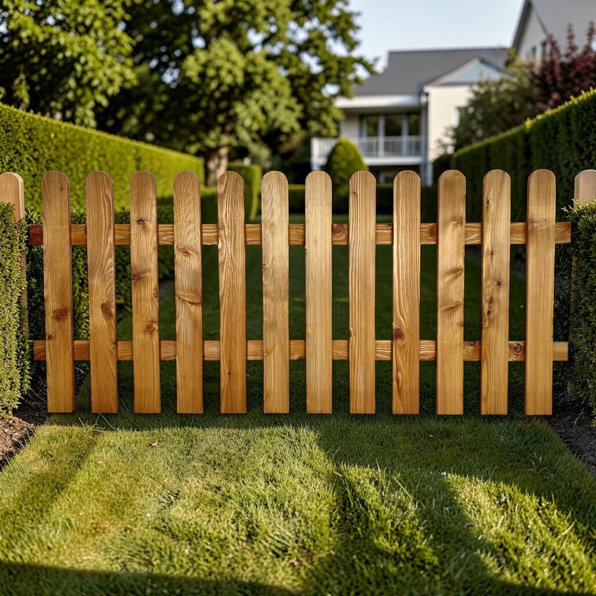 Geölter Lärchen Gartenzaun Möhnezaun auf dem Rasen vor einem Wohnhaus