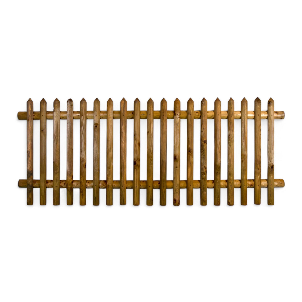 Gartenzaun Element Senkrechtzaun aus kesseldruckimprägniertem Holz, braun, mit spitzen Latten und zwei Querriegeln