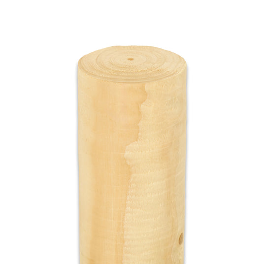 Rundholz naturbelassen, zylindrisch gefräster heller Holzpfahl stehend, Freisteller