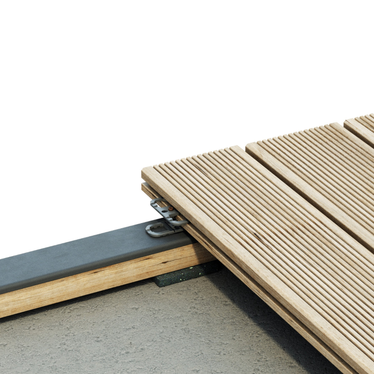 Unsichtbare Befestigung geriffelter Terrassendielen mit Snap Verbinder auf der Unterkonstruktion
