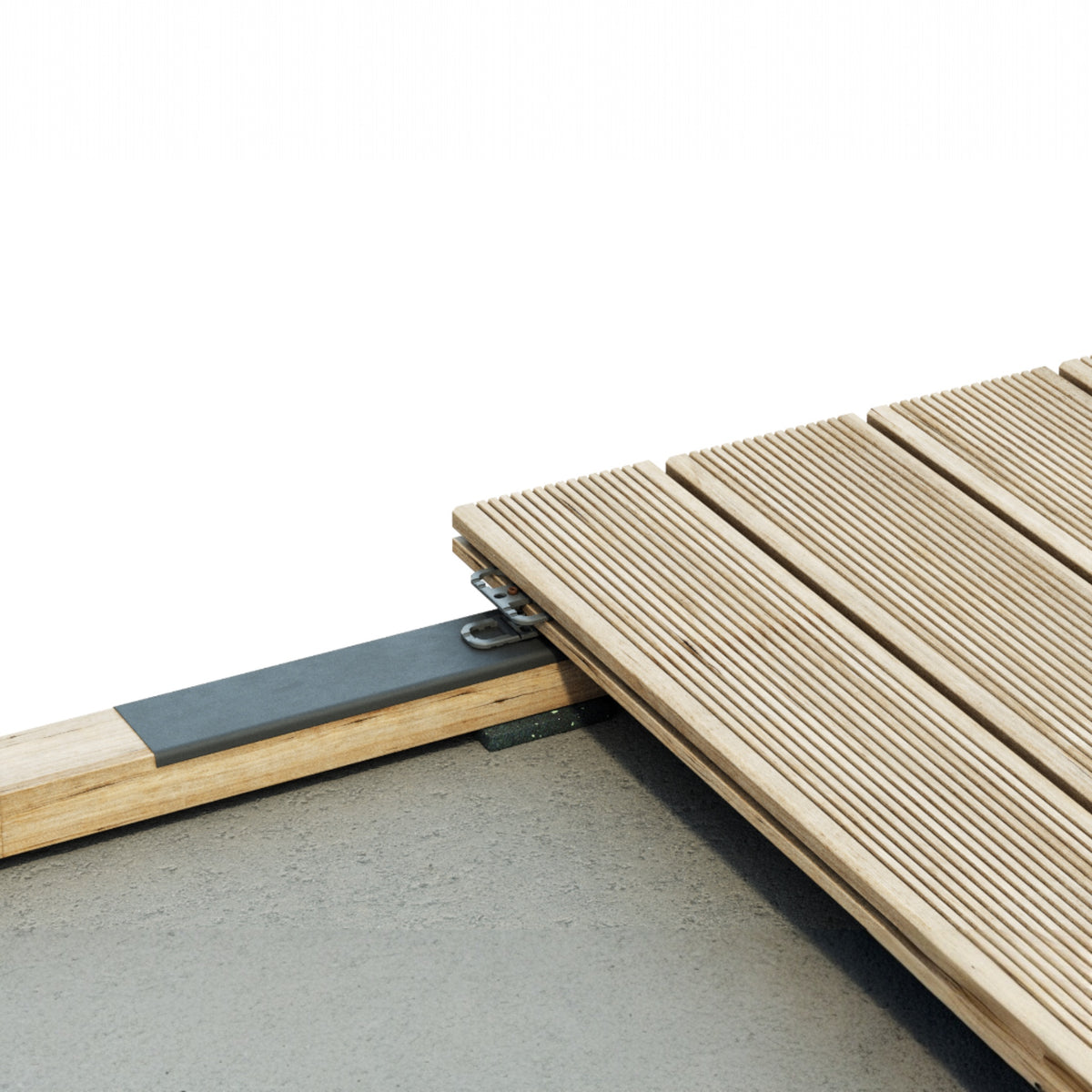 Terraband auf der Unterkonstruktion unter verlegten geriffelten Terrassendielen