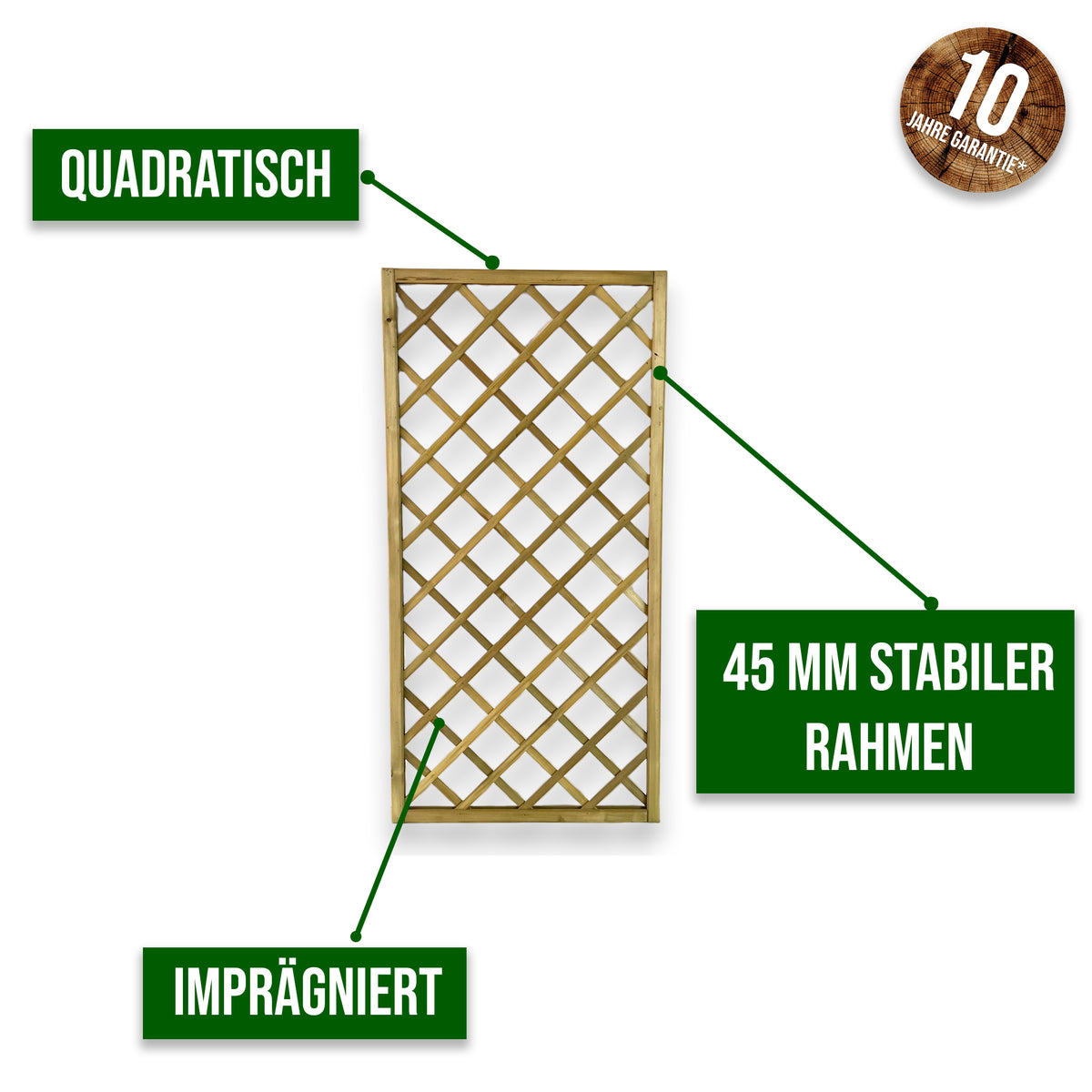 Infografik Rankgitter Schlossberg mit quadratischer Form, 45 mm stabilem Rahmen und Imprägnierung